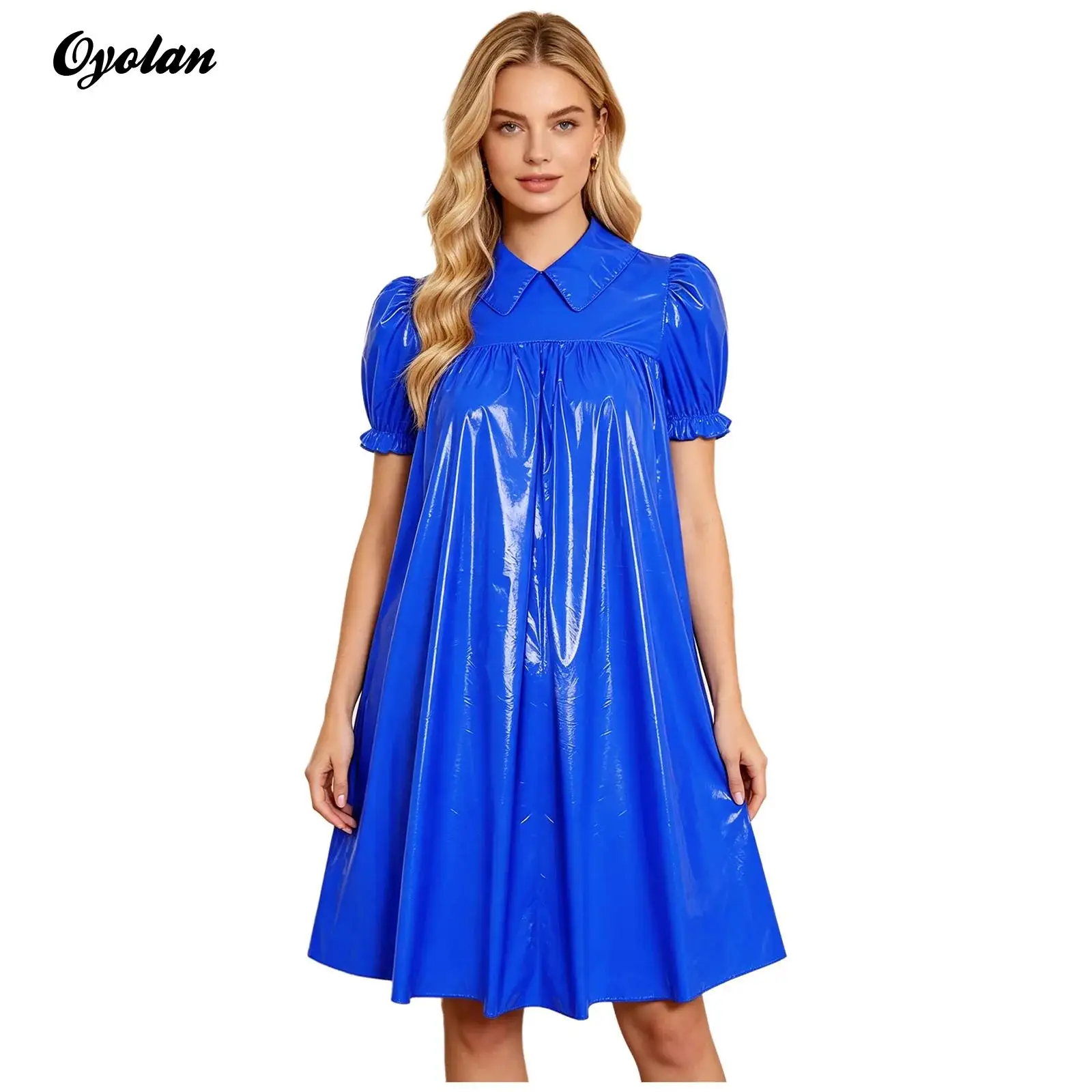 Womens Shiny Waterproof Vinyl Midi Dress Collar Puff Sleeve Loose Fit Waterproof Party Dress Short Sleeve Empire Waist Nightgown