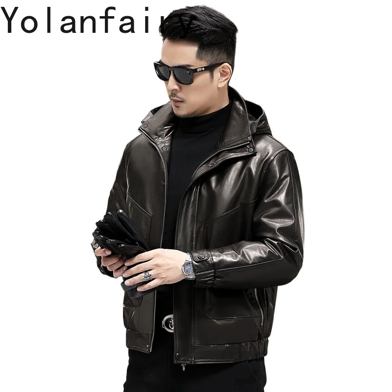 

YOLANFAIRY куртка из натуральной кожи из натуральной козьей кожи, мужская зимняя теплая куртка-пуховик со съемной подкладкой, мужские кожаные куртки с капюшоном
