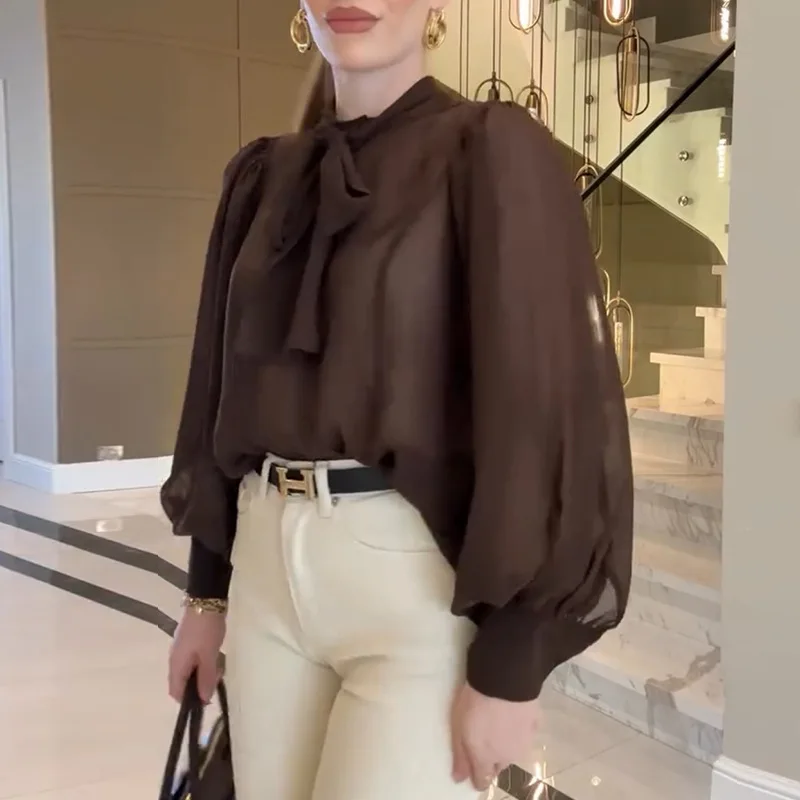 2025 été nouveau doux Floral lâche lanterne manches cravate cou Blouse femmes chemise