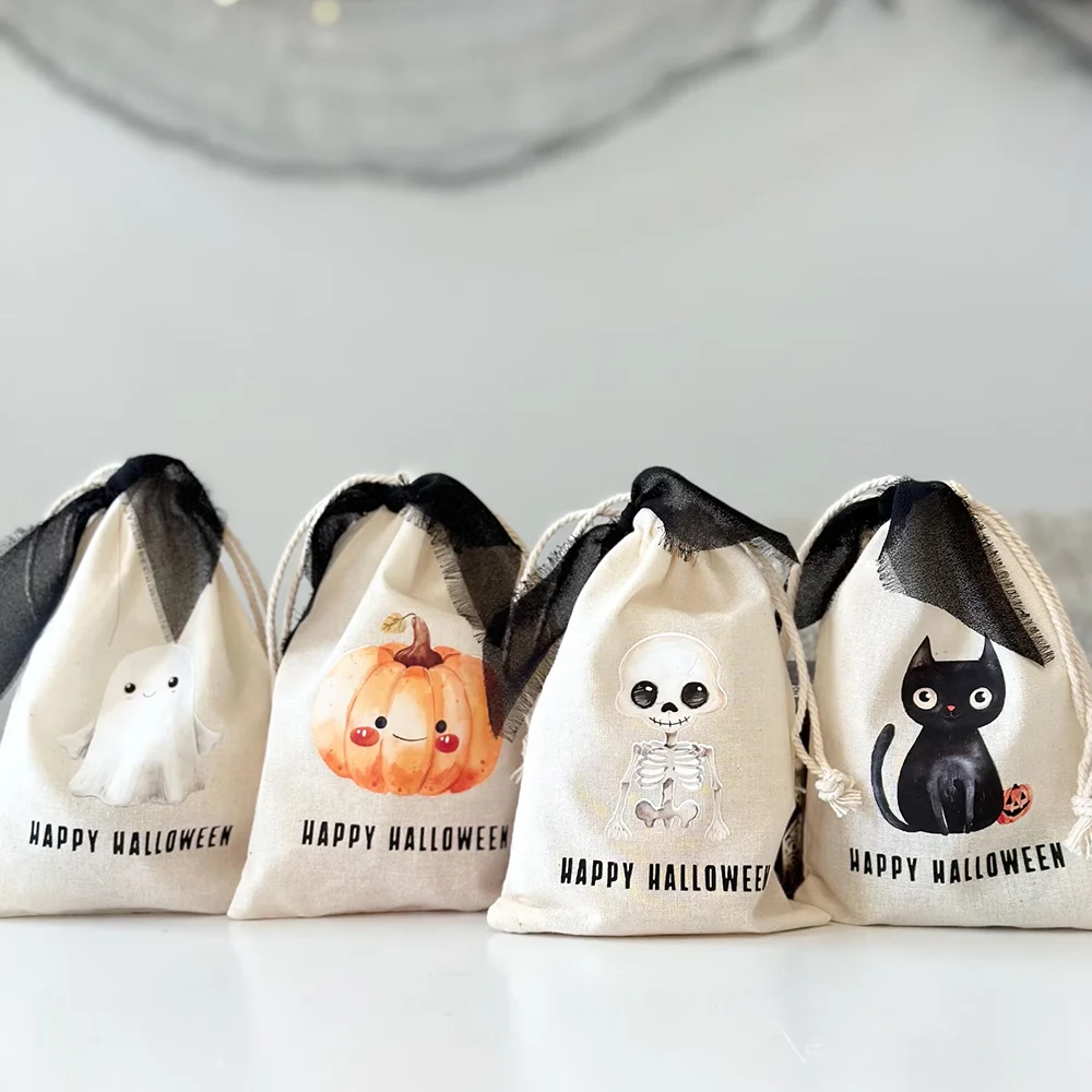 

4Pcs Halloween Candy Bags Drawstring Gift Bag Classroom Favors Pumpkin Spooky Skeleton Trick or Treat Kid Party Decor Supplies