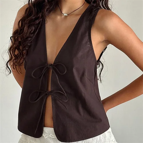 Camiseta sin mangas con tirantes Retro para mujer, Top corto sin mangas con lazo, Tops cortos de verano, a la moda ropa de calle, Tops Y2k