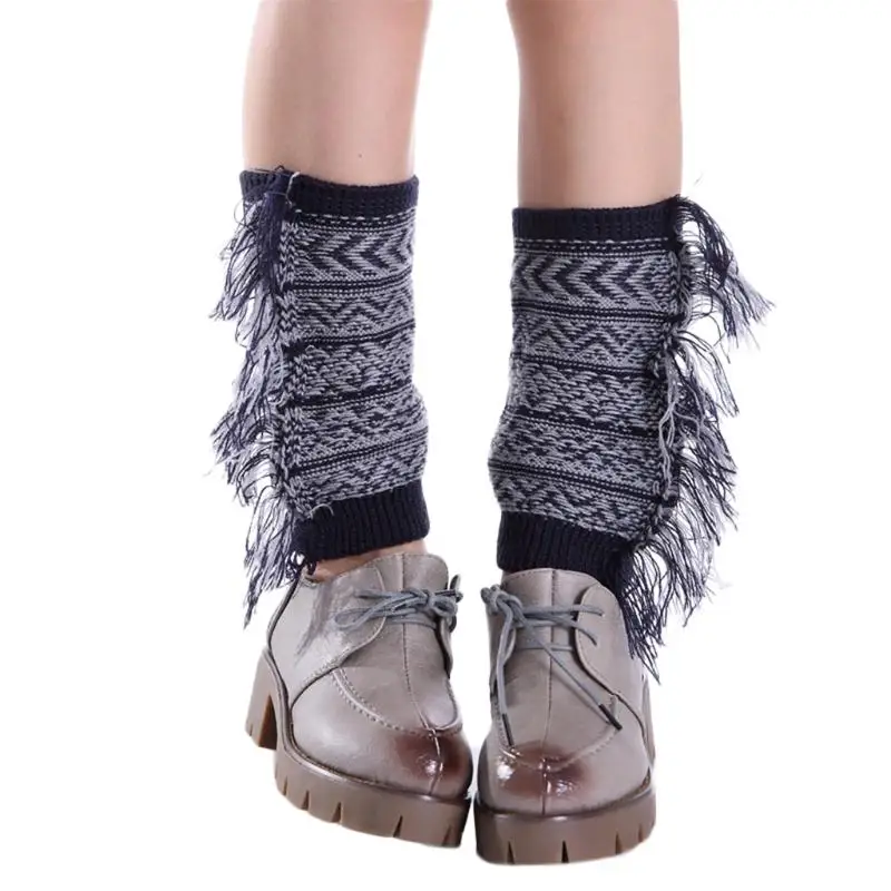 Women Bohemian Boot Cuffs Toppers Side Fringed Tassels Crochet Knit Short Socks Leg Warmers Geometric Striped Calf Hosiery