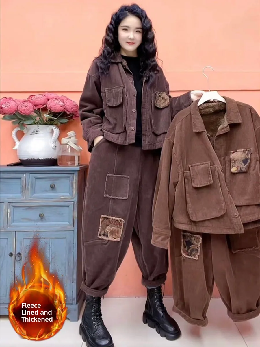 

Утепленный флисовый вельветовый комплект: женская верхняя одежда, теплый осенне-зимний стиль, большие размеры, ретро-куртка, укороченная куртка, брюки-харлан с пэчворком