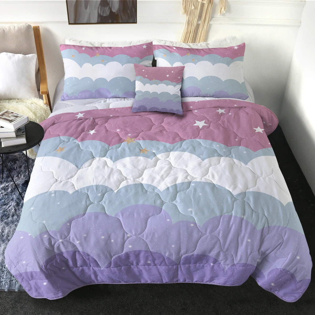 

Beautiful Clouds with Shining Stars Printed Comforter Set with Two Pillowcases and One Cushion Cover Bedroom Decor