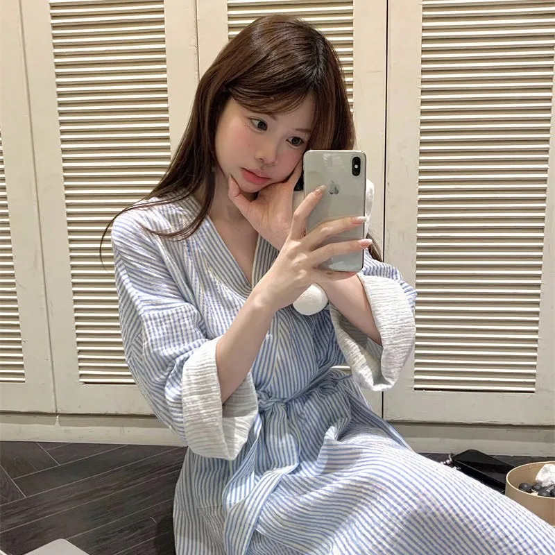 Blue Striped Nightgown, Women's Spring and Summer Long Sleeved Loose and Simple Casual Morning Gown, Home Wear, Nightgown image 2