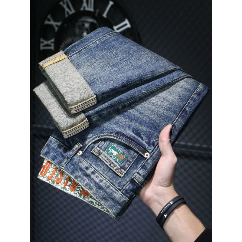 2024 New High-End Embroidery Jeans Men\'s Slim-Fitting Small Straight Loose Fashion Trendy Leisure Washed-out Blue Pants