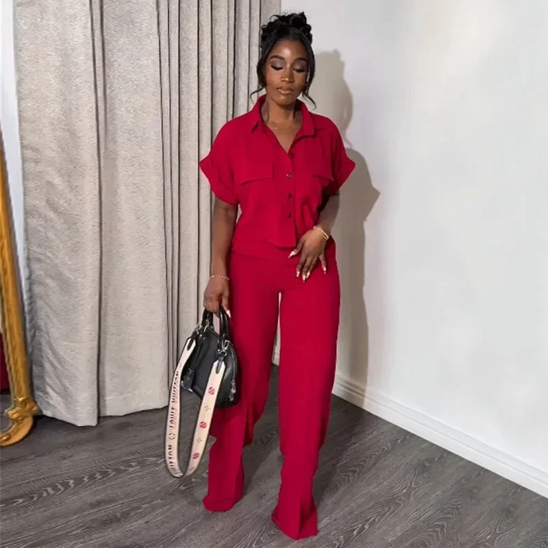 

Two Piece Pants Set Casual Outfits Women Turn Down Collar Short Sleeves Tshirt + Wide Leg Pant Suits High Street Clothes