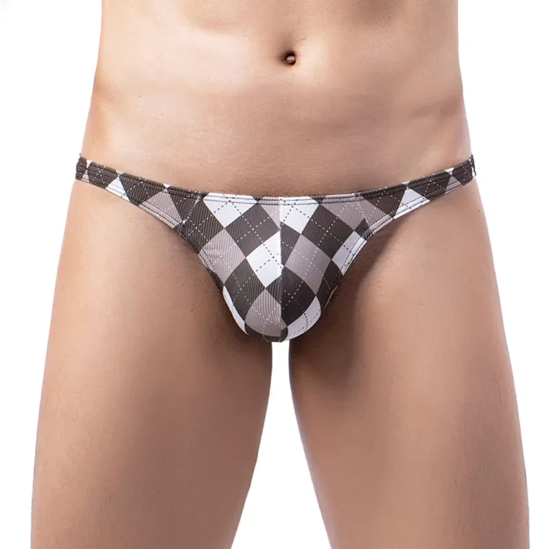 

Men's Sexy Low Waisted T-back Underwear Fashionable Bikini Thong Soft and Breathable Checkered Printed Thong Mini Erotic Briefs