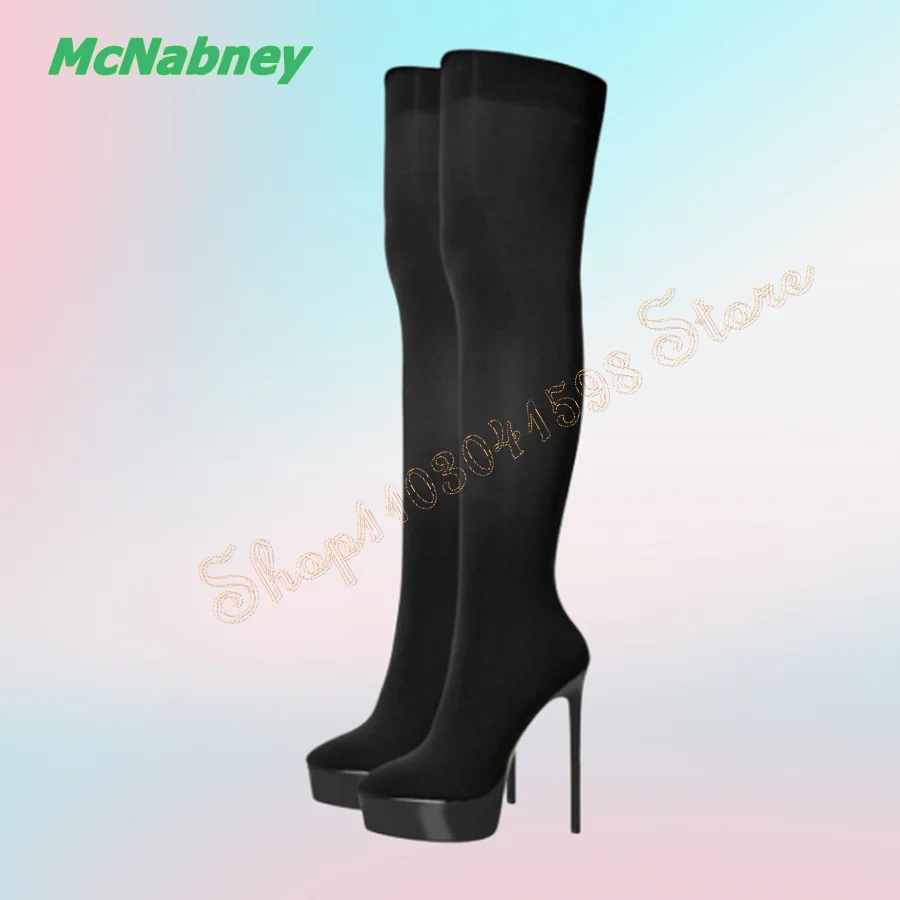 

Thick Soled Round Toe Over The Knee Boots Black Skinny High Heel Boots Sexy Stiletto Women Boots 2024 New Zapatos Para Mujere