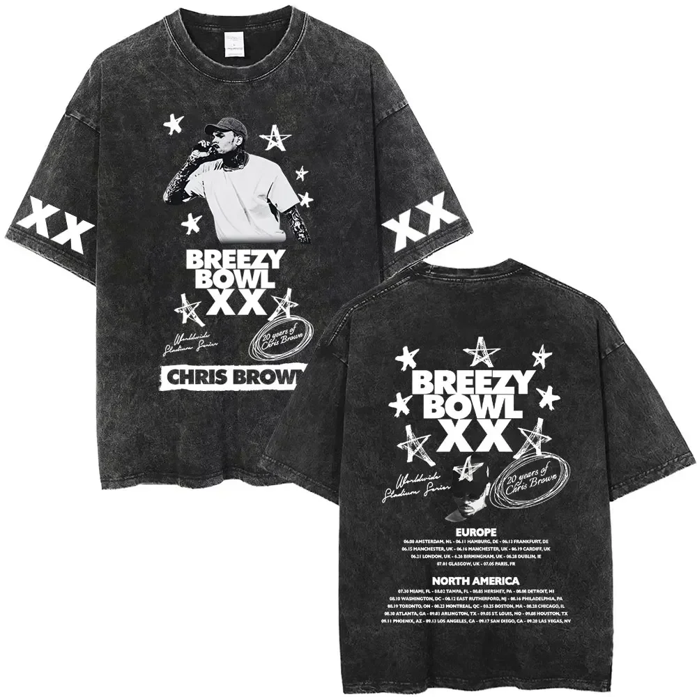 Customization Rapper Chris Brown Breezy Bowl XX Tour 2025 Vintage Washed T-shirts Men Women Hip Hop Fashion T Shirts Male Cotton