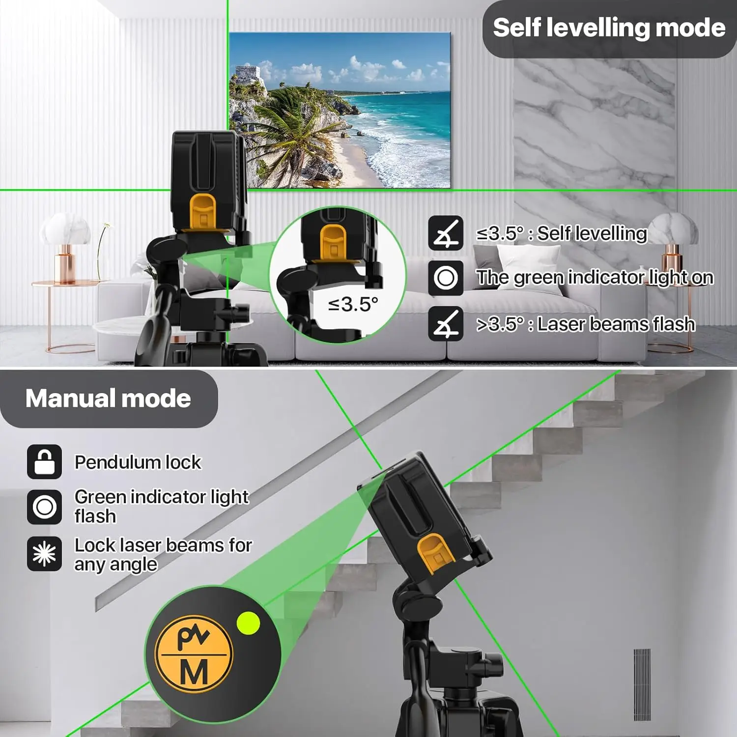 DEGLASERS 2 Lines 100Ft Green beam Cross Line Self Leveling Dual-Module laser level,