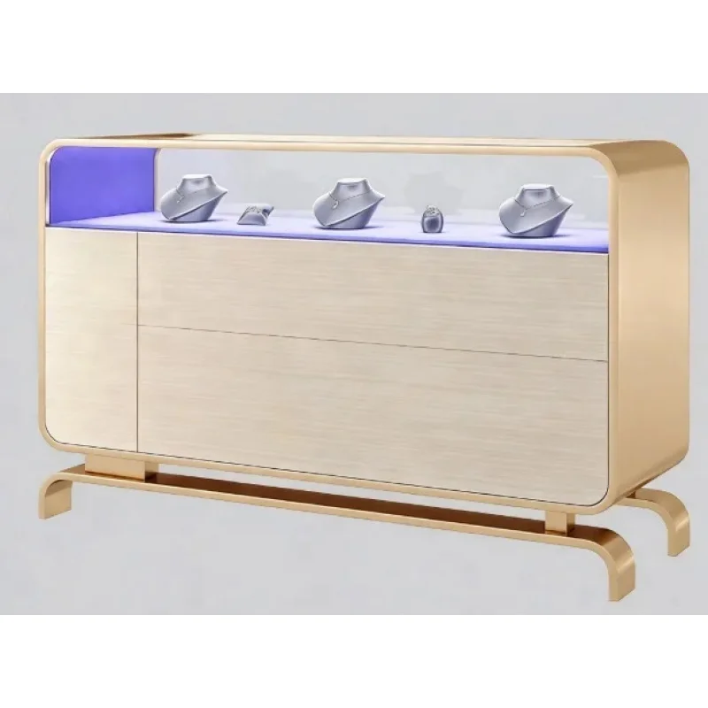 custom.Light Luxury Rounded Corner Jewelry Display Cabinet LED Lighting Champagne Gold Stainless Steel Glass Storage Drawers