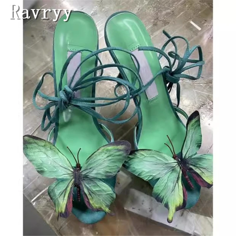 Summer New Green Butterfly Women Sandals Luxury Design Peep Toe Thin High Heels Ankle Strap Buckle Wedding Party Shoes