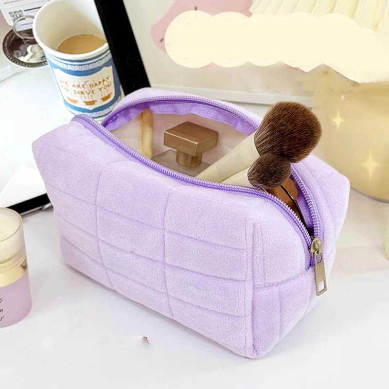 Solid Fur Cosmetic Storage Bag Large Women Zipper Makeup Organizer Handbag Stationery Pencil Case Travel Make Up Toiletry Punch