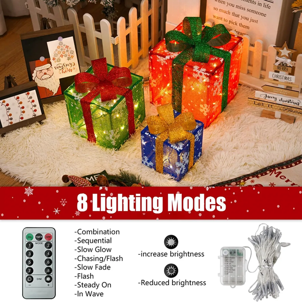 Set of 3 Lighted Gift Boxes Mother's Day Decorations With Battery Box, Snowflake Present Boxes, Gift Box Home Decorations