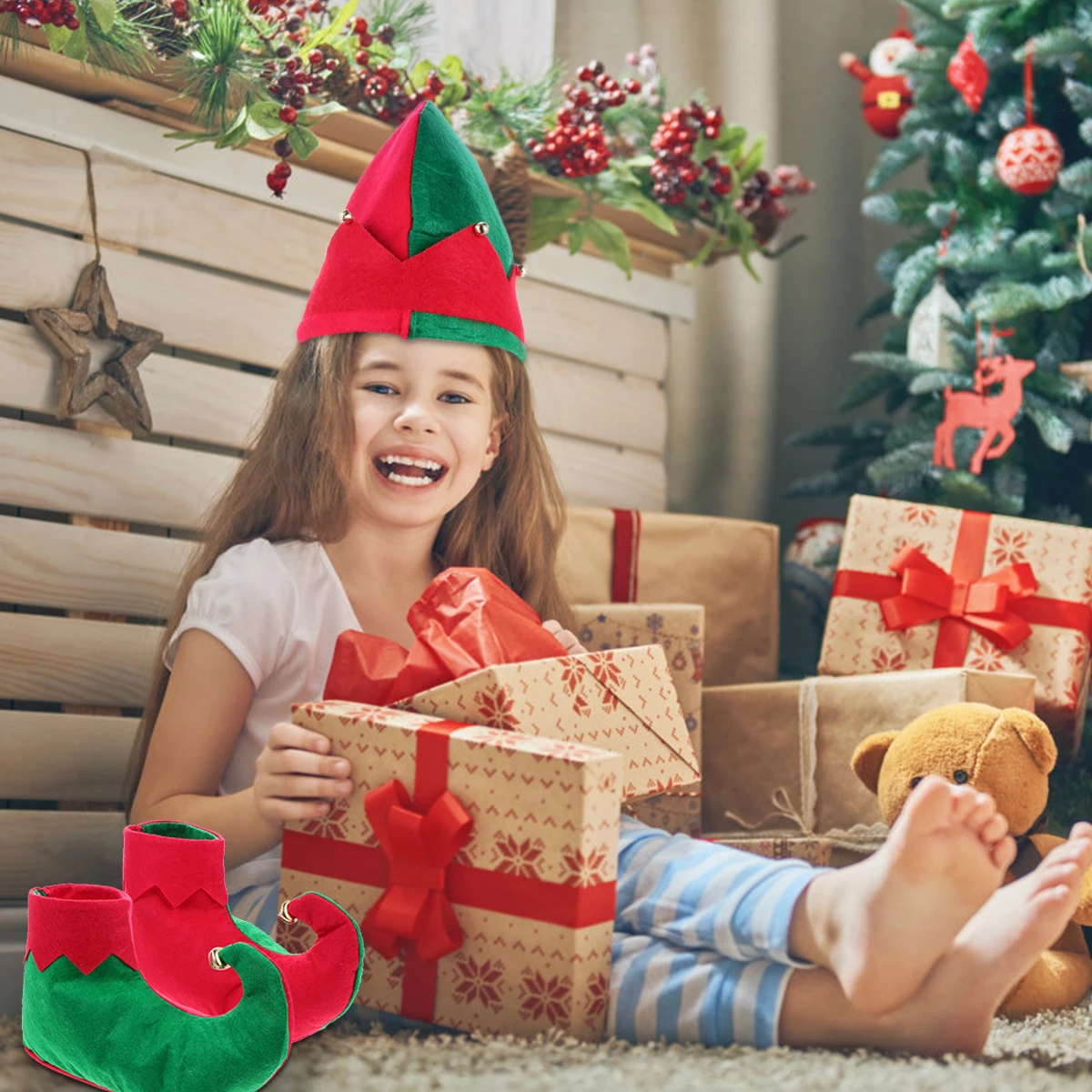 

1 set 1 Set Christmas Elf Shoes Hat Costume Set Premium Comfortable Party Favors Photo Props Dress Up Birthday Dancing