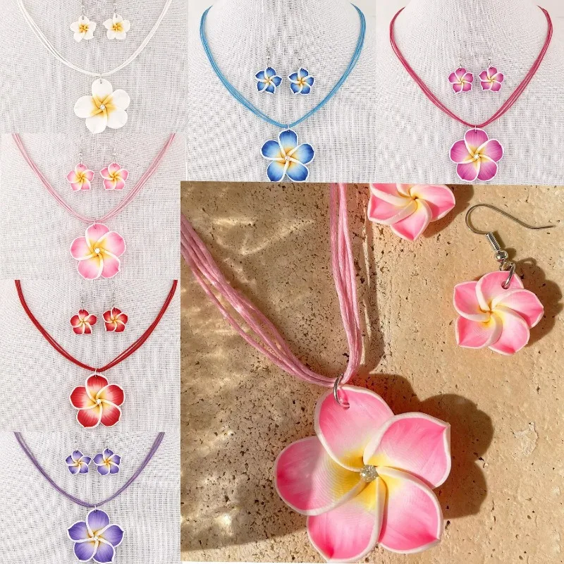 1Set Hawaiian Plumeria Necklace Dangle Earrings Handmade Soft Polymer Statement Ear Rings Jewelry 2024 Flower Earring for Women