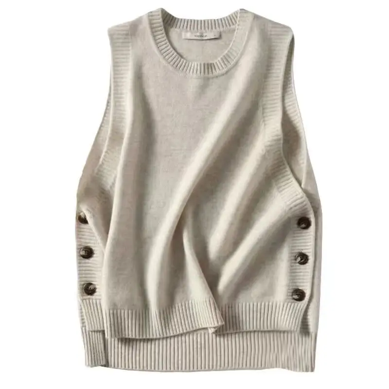 Women Elegant O-neck Sweater Vests Loose Sleeveless Knitted Sweaters Side Button All-match Stylish Popular Solid Cozy Pullovers