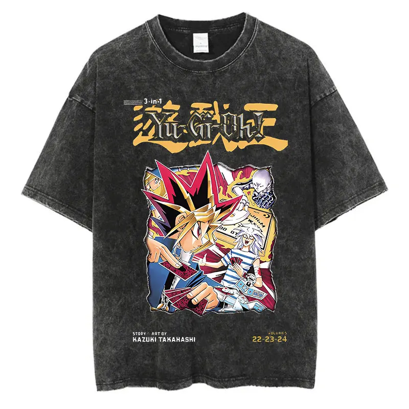 Japanese Anime Yu Gi Ou Print Vintage Washed Tshirt Harajuku Streetwear Graphic T-Shirt Summer Short Sleeve Cotton Tshirt