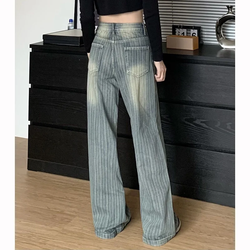 2025 Girls Striped Designer Wide Leg Jeans Female Chic Retro High Waist Denim Trousers Lady Baggy Thin Casual Pants