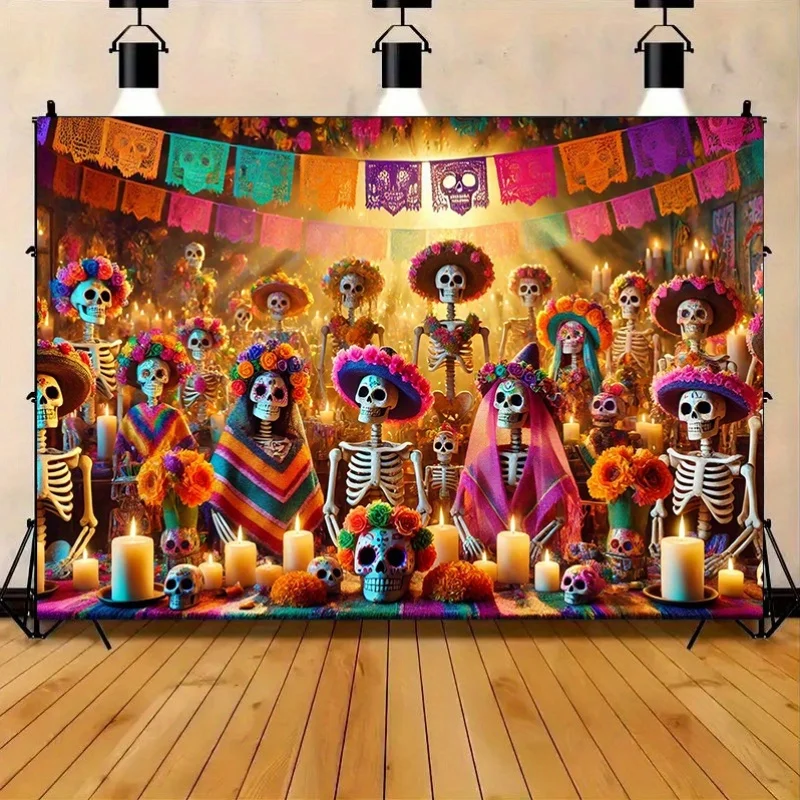 Der farbenfrohe mexikanische Festival of Death-Spotlight-Hintergrund für Geburtstage, Weihnachten und Thanksgiving – farbenfrohe Totenköpfe