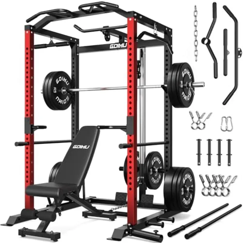 C1-V4 Power Cage, 2000LBS Squat Rack with LAT Pulldown, Multi-Function Weight Cage Strength Training Machine, Workout