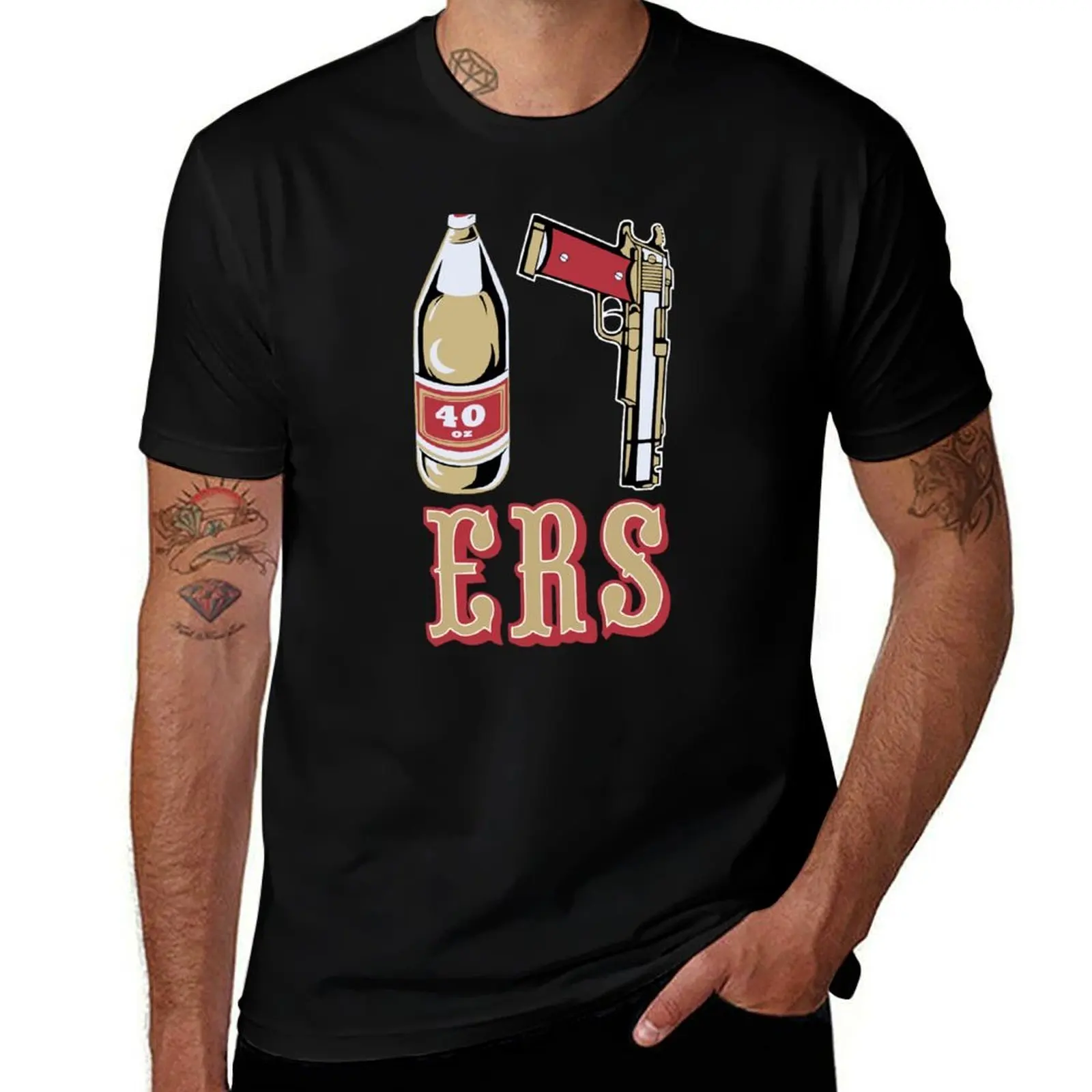 

Cool Mens Black 49ers 40 OZ 9MM Gold Gun T-Shirt Basic Casual Short Sleeve Cotton Shirt