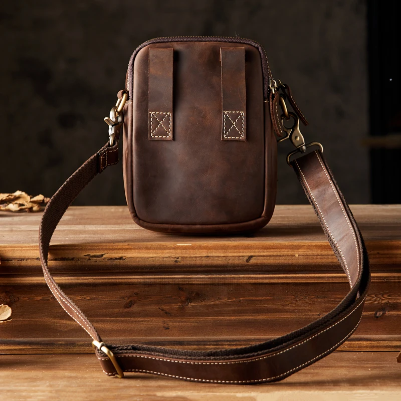 Retro Crazy Horse Leather Men\'s Shoulder Bag Casual Small Cross body Bag Handmade Vintage Genuine Cowhide Leather Messenger Bag