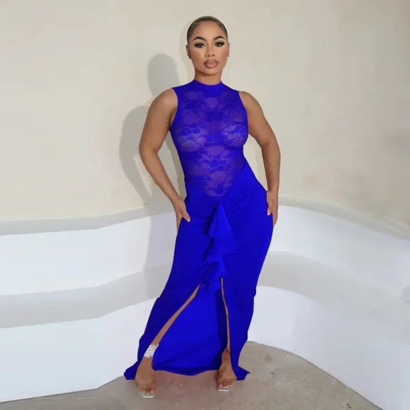 Guwu-女性のためのセクシーなレースのタイトなドレス,ノースリーブ,フリル,長いマキシドレス,透かし彫り,パッチワーク,イブニングパーティー,誕生日,夏