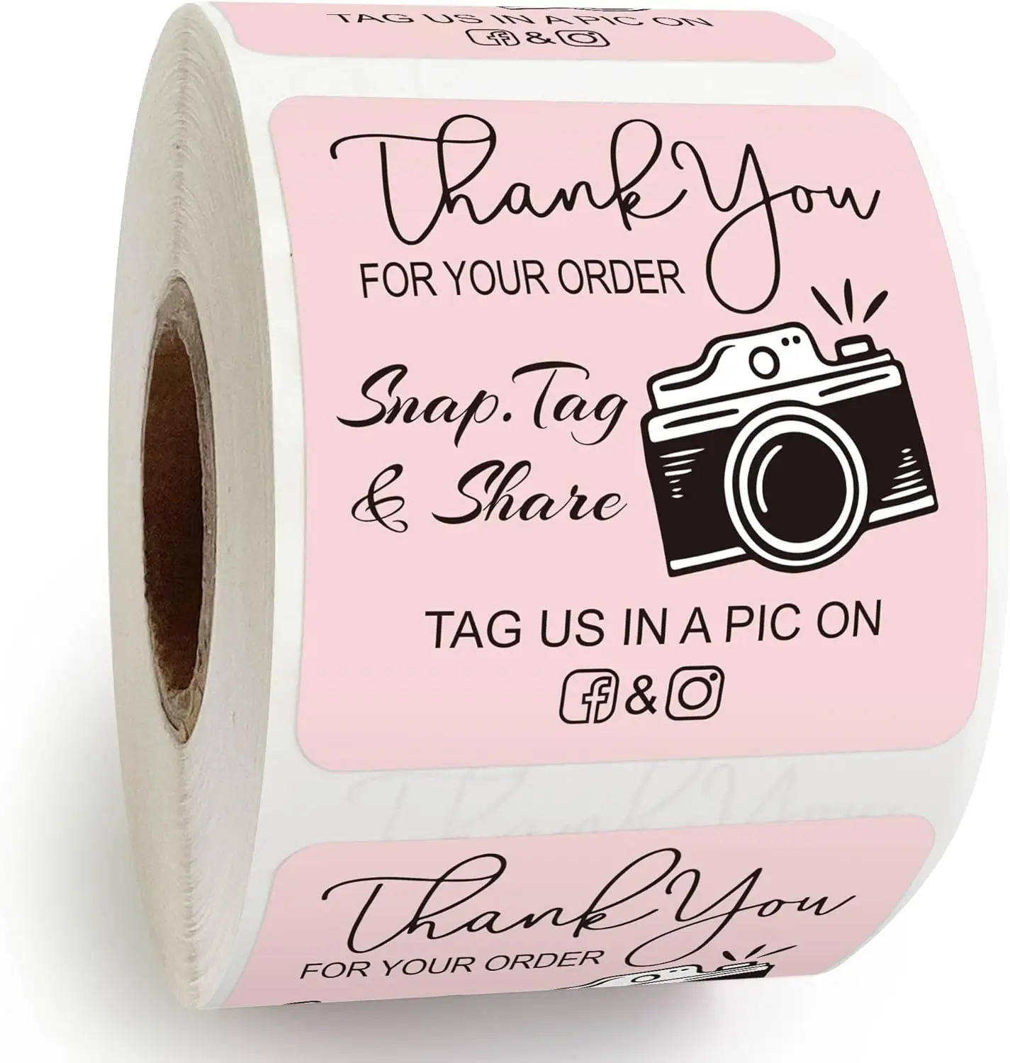 

Thank You Stickers Roll Retro Camera Design Pink Square 500pcs for Small Business Packaging