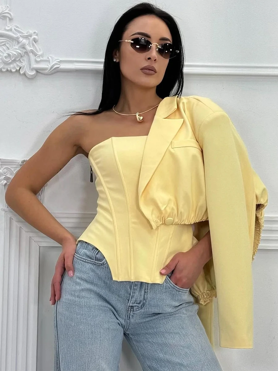 LIMO Women 2 Piece Outfit Yellow Strapless Corset Top Cropped Blazer Set Party Suit