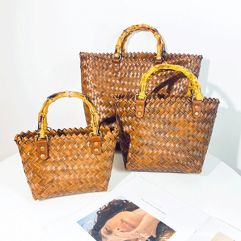 

Retro Handheld Tote Bag Wier Weaving Large Capaci op Basket Ci Simple Sle PP Material Daily Use Bowling Bag