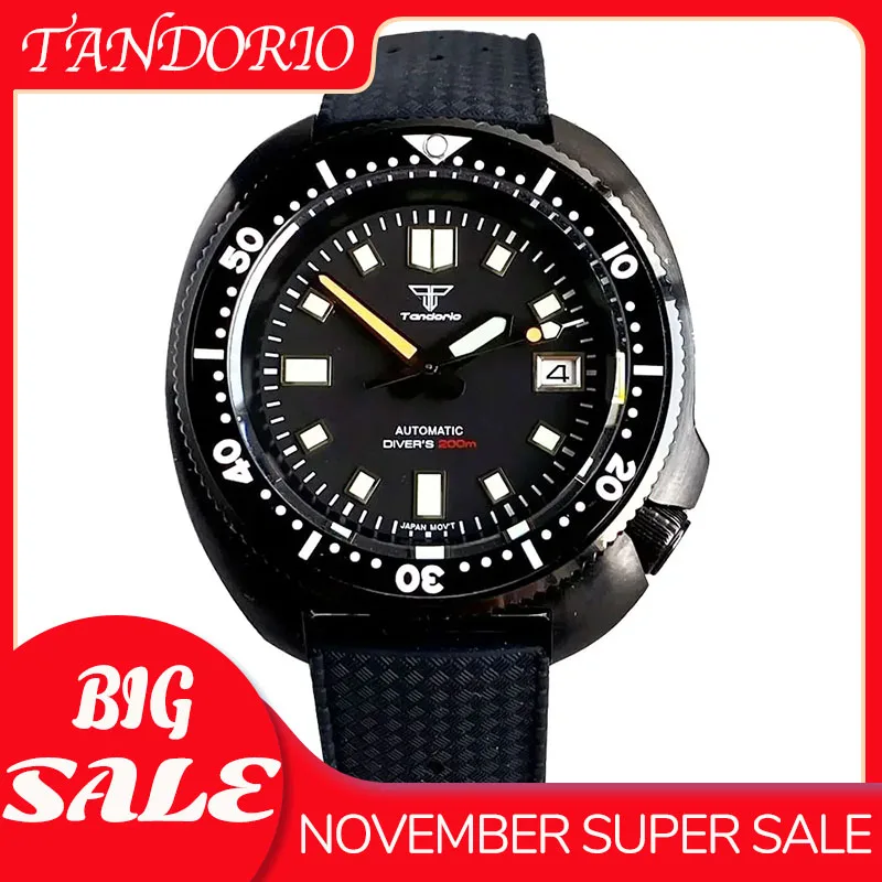 

20ATM Tandorio 44mm Black PVD NH35A Movement Auto Mechanical Luxury Mens Watch Sapphire Glass Lume Date C3 Hands Rubber Strap