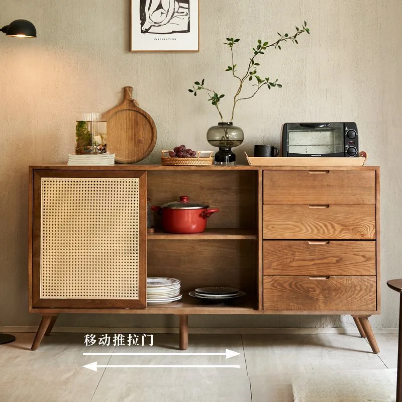 Japanese-style solid wood rattan dining side cabinet wabi-sabi home locker furniture