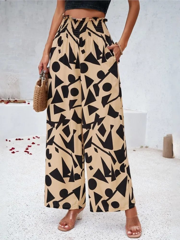 2024 Summer Print Floral Casual Pants Fashion Women Office Sweet High Waist Wide Leg Long Pants New 2024 Holiday Loose Trousers