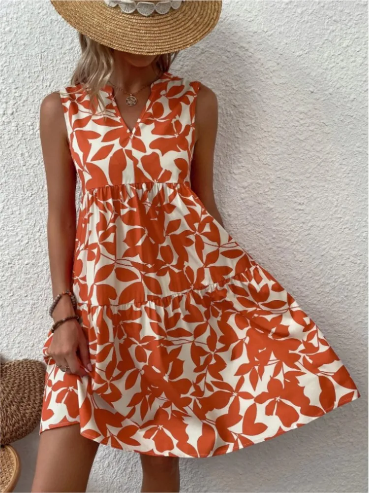 

Women's Summer New Fashionable Printed Sexy V-neck Pleated Sleeveless Short Skirt Bohemian Vacation Fashionable Loose Dress