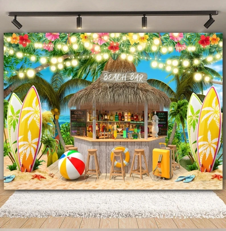 Summer Hawaiian Tropical Beach Backdrop Flamingo Ocean Surfboard Wedding Birthday Party Photography Background Decor
