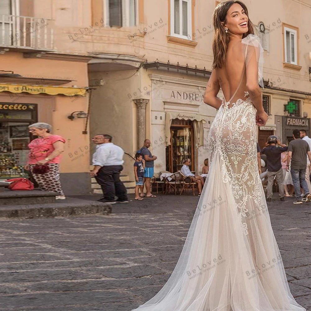 Robe de Mariée Élégante, Vintage, Fourreau, Sirène, Dentelle, Appliques, Sexy, Bretelles Spaghetti, Dos aux, pour Mariées