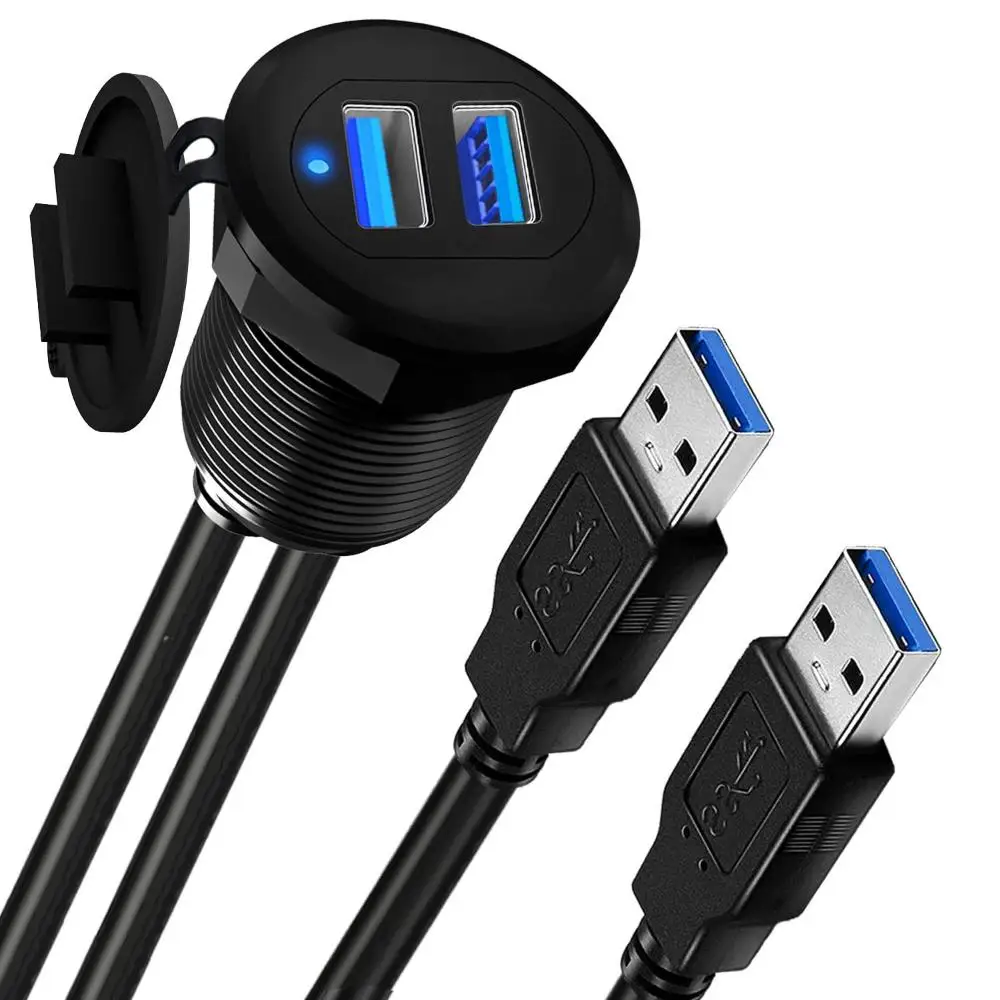 Double Port USB 3.0 Car Flush Mount Cable Dashboard Panel Aluminum Alloy Data Cable with LED Indicator for Truck Boat Motorcycle