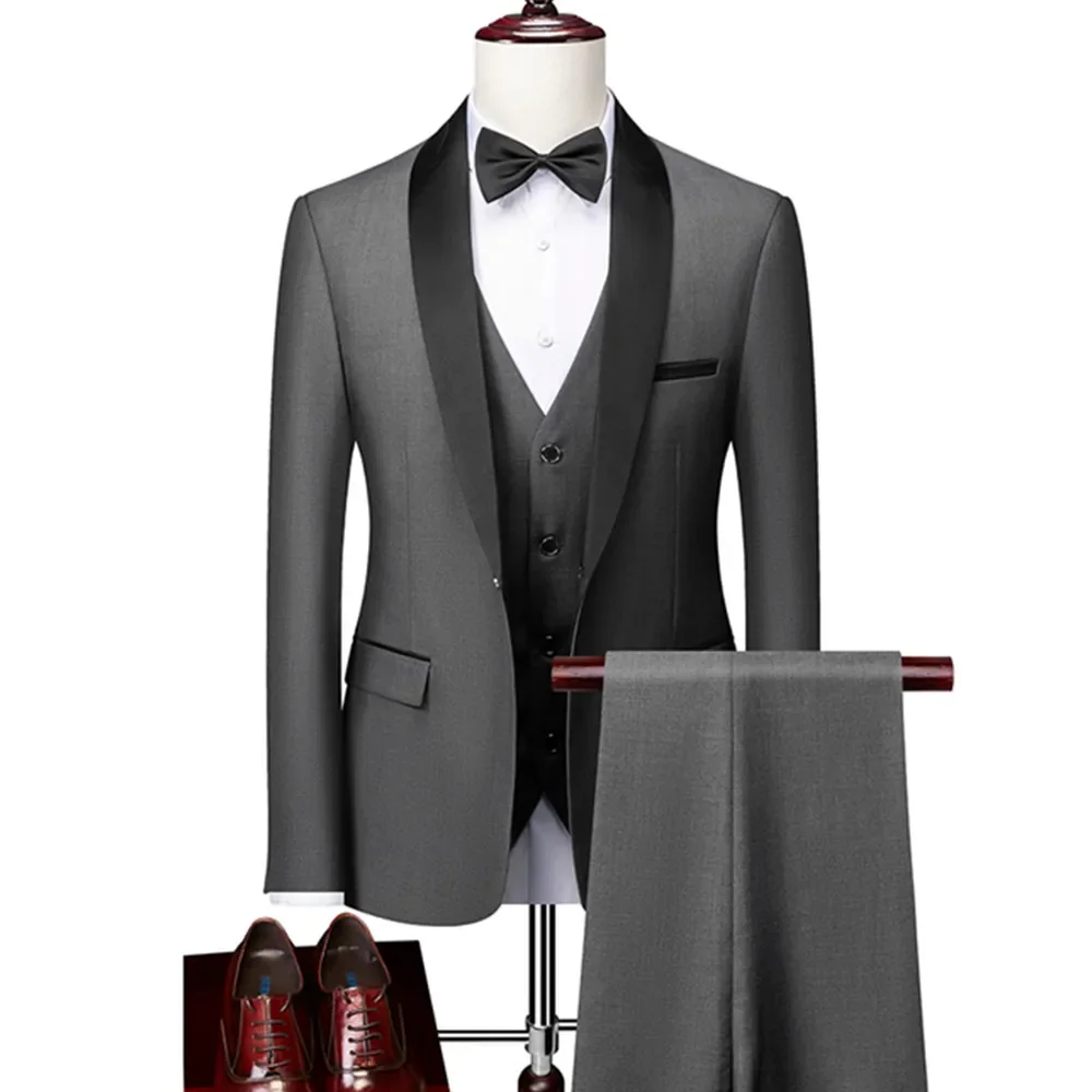 3 Pcs Men Lapel Black Collar Suit Set Coat Vest Trousers / Business Groomsmen Groom Wedding Dress Fprmal Blazer Pants Waistcoat