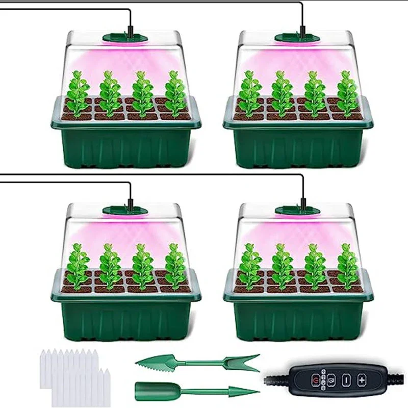 

4Pcs Seed starter tray with grow lights Adjustable Humidity Seedling Germination Planting Pot Full Spectrum LED Growth Promotion
