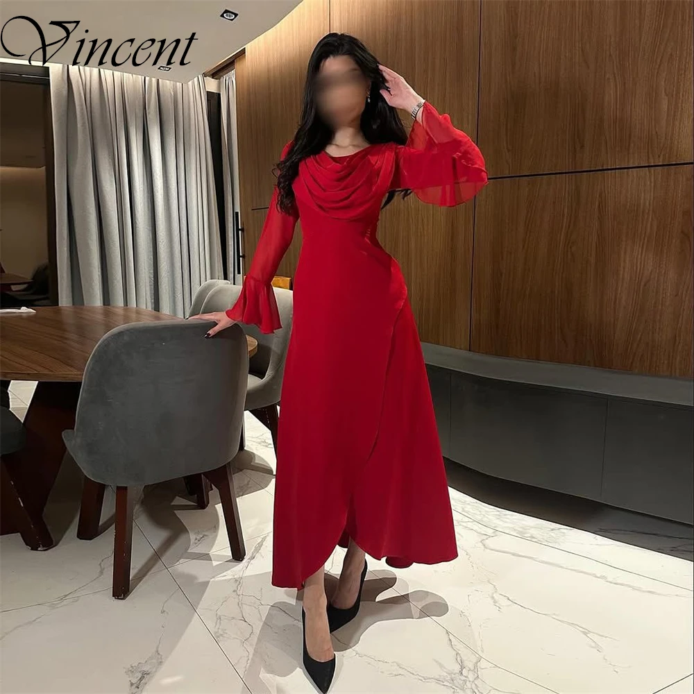 فستان سهرة كلاسيكي بأكمام طويلة من الجيرسيه باللون الأحمر مخصص بسيط على شكل حرف a بطول الكاحل فساتين رسمية للمشاهير بدون حمالات