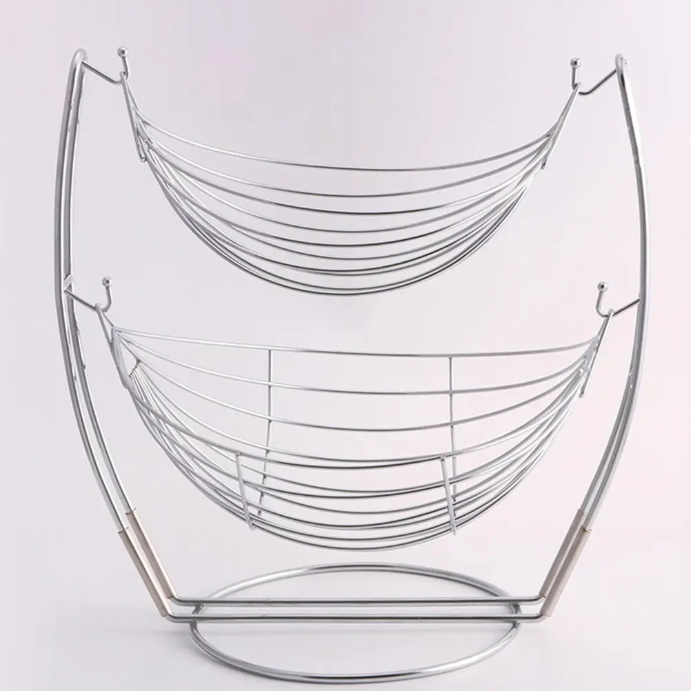 1Pcs Iron Art Fruit Basket Double-Layer Silver Stylish Storage Rack Large Capacity Organizer for Fruits Vegetables