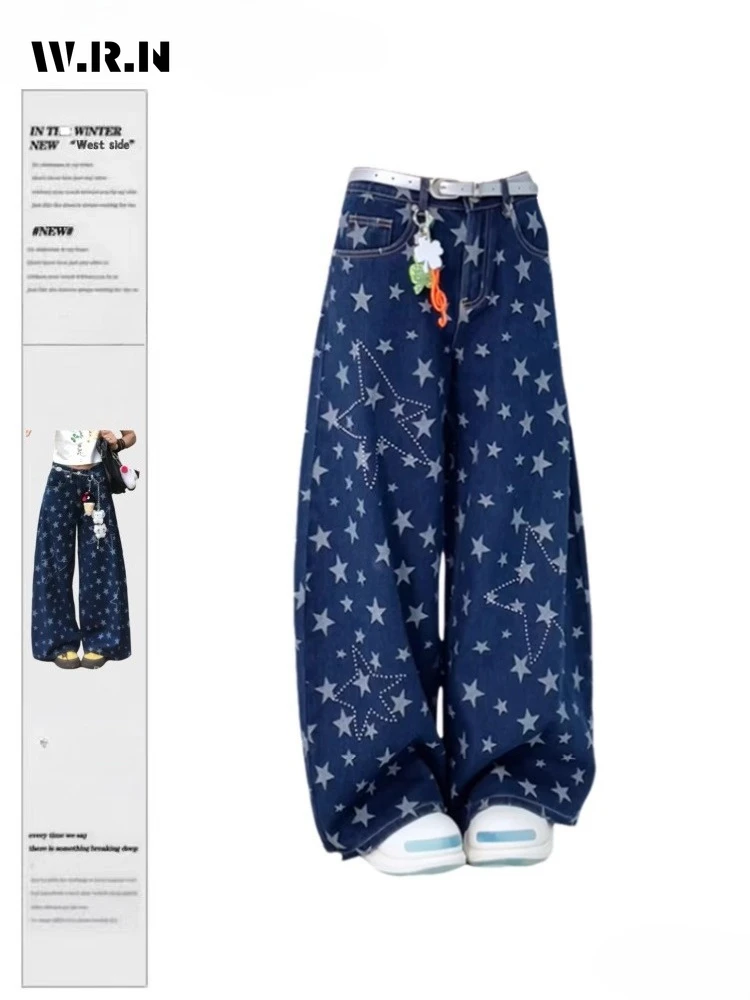

Women's Casual Stars Print Baggy Emo Denim Trouser 2000s Style Loose Fit Blue Jeans 2025 Summer Retro Full Length Y2K Pants