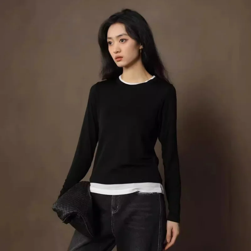 Wool Cashmere Knitted T-shirts Round Neck Fake Two-piece Women Tops Autumn Loose Casual Commuter Pullover Lazy Tees T Shirts