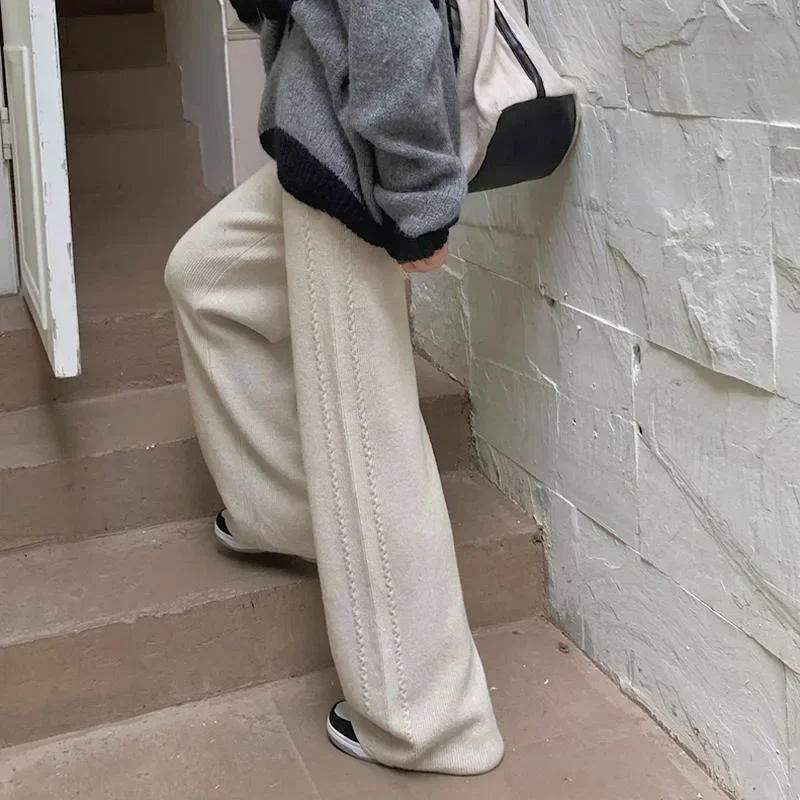 Autumn Winter Knitted Wide Leg Pants Womens Warm Thicken Pantalones Korean Fashion Woolen Oversize Trousers Y2k Clothes Kpop
