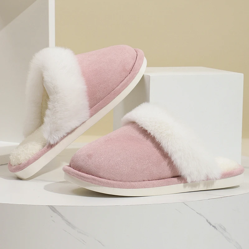 Lucyever Pink Faux Suede Faux Fur Slippers Women Home Warm Non Slip Slides Woman Causal Flat Heels Plush Slipper Shoes Female