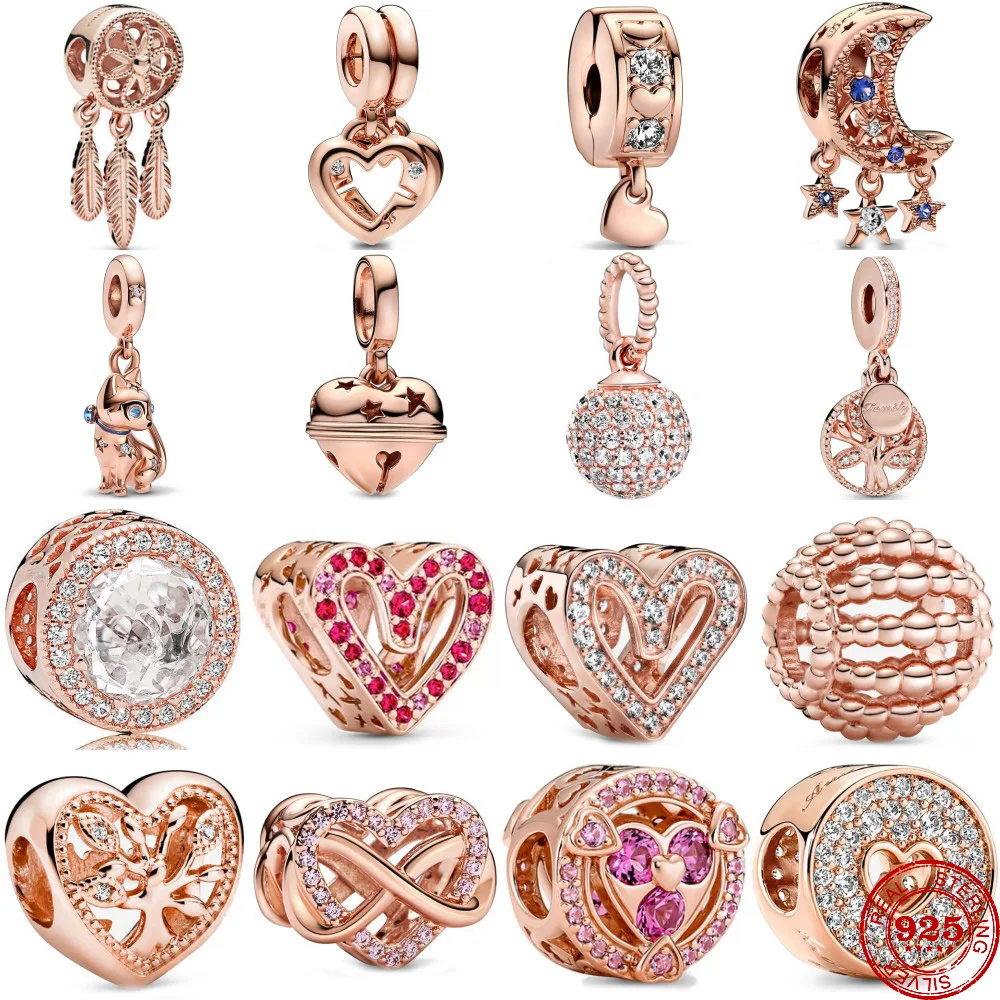 2024 Hot Sale 925 Sterling Silver Moon Dream Catcher Heart Rose Gold Charms Beads Fit Original Pendant Bracelet DIY Jewelry Gift