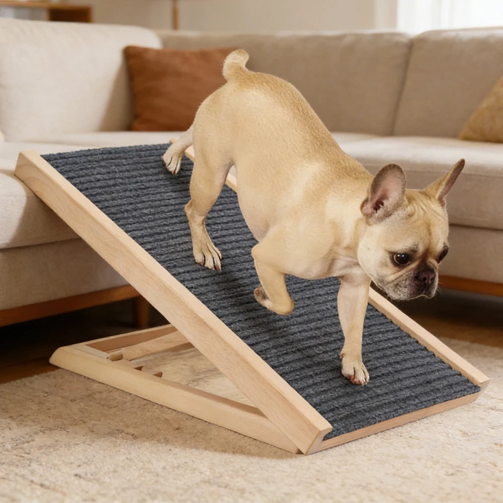 Verstellbare Hunderampe Hölzerne Faltbare Hunde- & Katzen-Treppe für Auto Sofa Couch Hohes Bett Rutschfeste Teppichoberfläche 2/4 Stufen Höhenverstellbar – Detail 1
