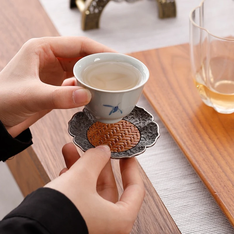 Teetassenunterlage aus antiker Silberlegierung, Bambusmatte, wärmeisolierende Teetasse, Getränkehalter, Teetassen, Zubehör für Kung-Fu-Teeservice